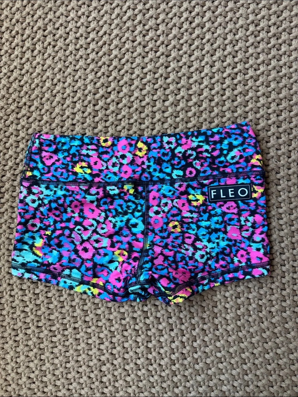 FLEO Neon Leopard Spandex Workout Shorts Vibrant Animal Print Size S